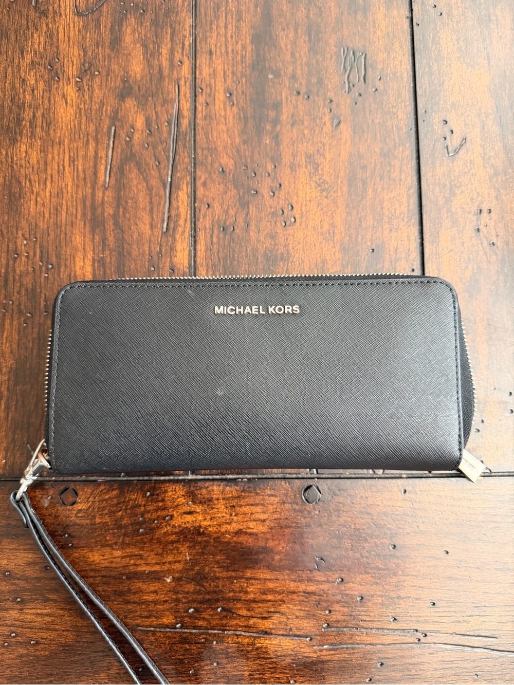 Michael Kors Black Saffiano Zip-Around Wristlet Wallet with Gold Logo
